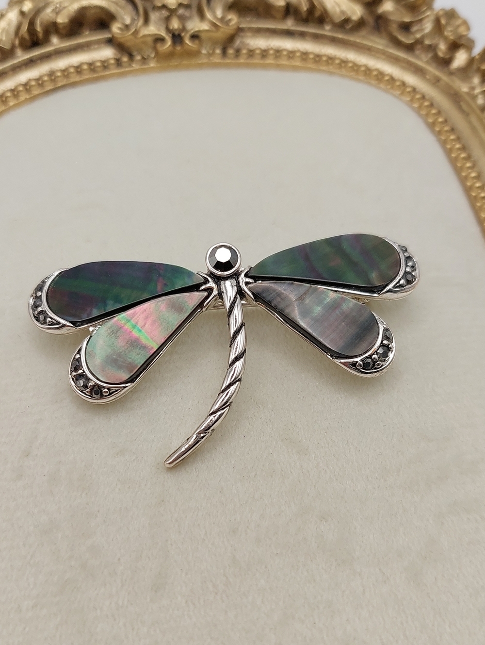 MONET Vtg Abalone Shell Marcasite Silvertone Dragonfly Brooch Pin